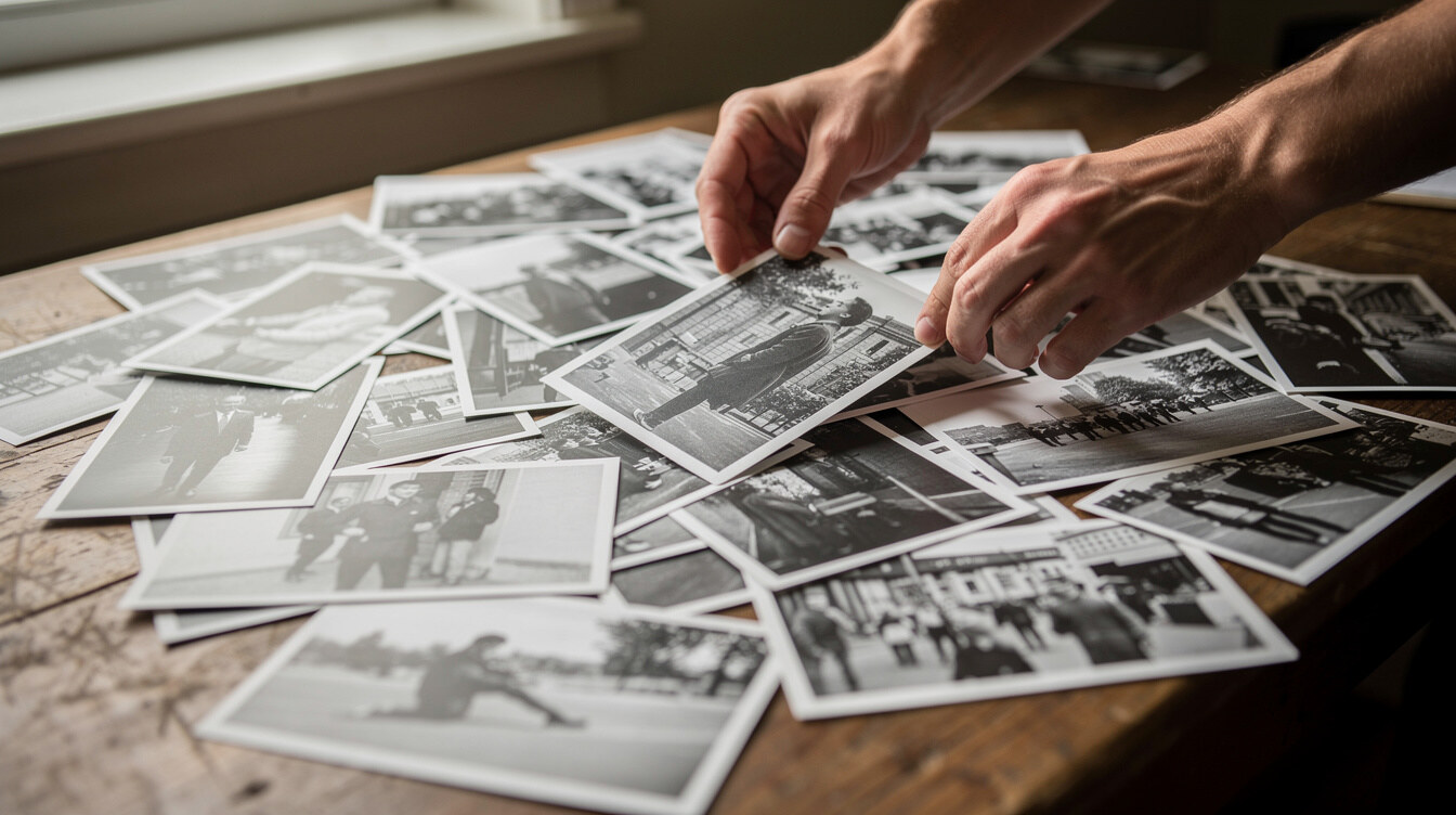 Person reviewing printed photographs on a desk